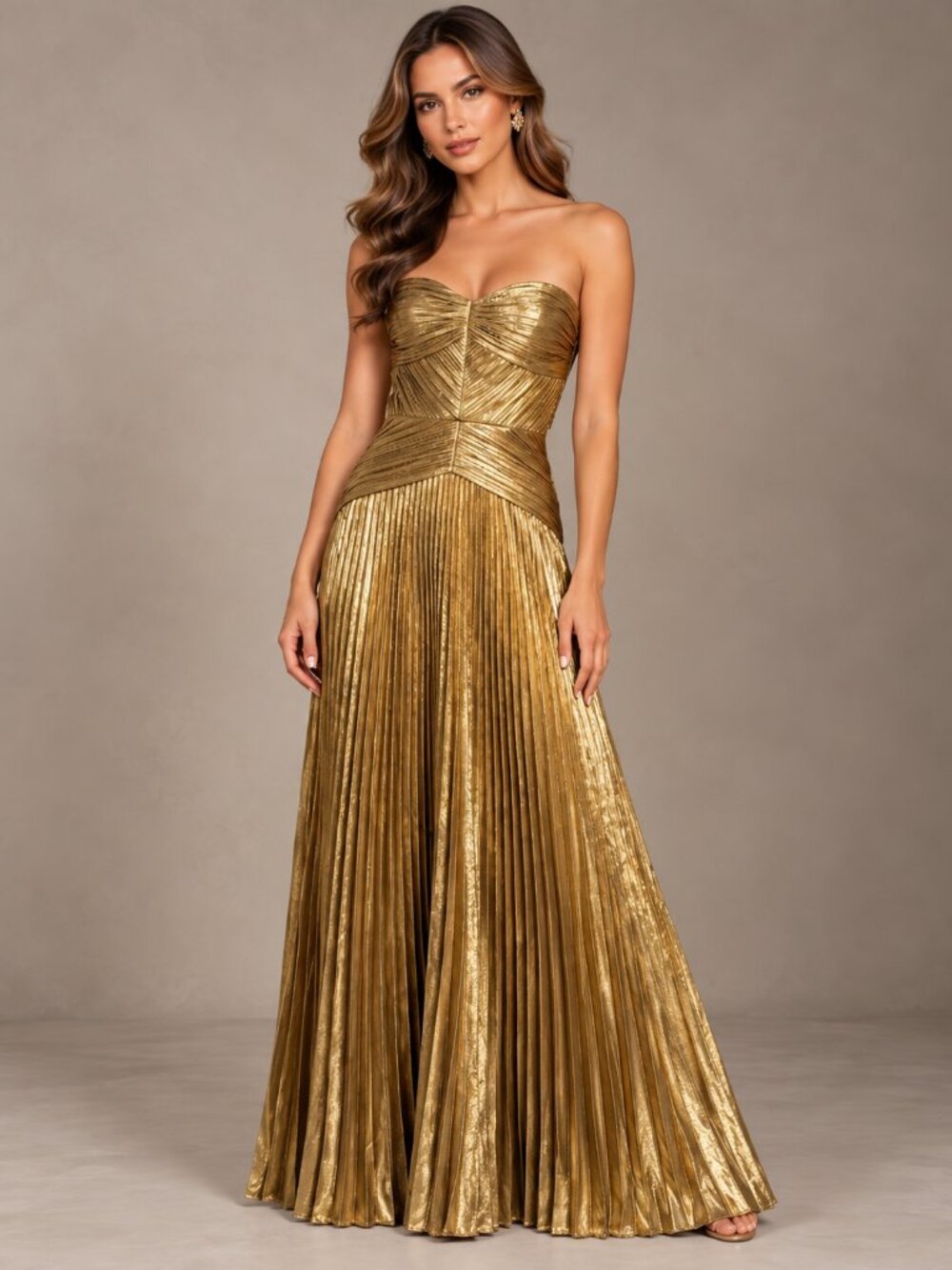 Strapless Sweetheart Pleated Metallic Gold Maxi Evening Dress